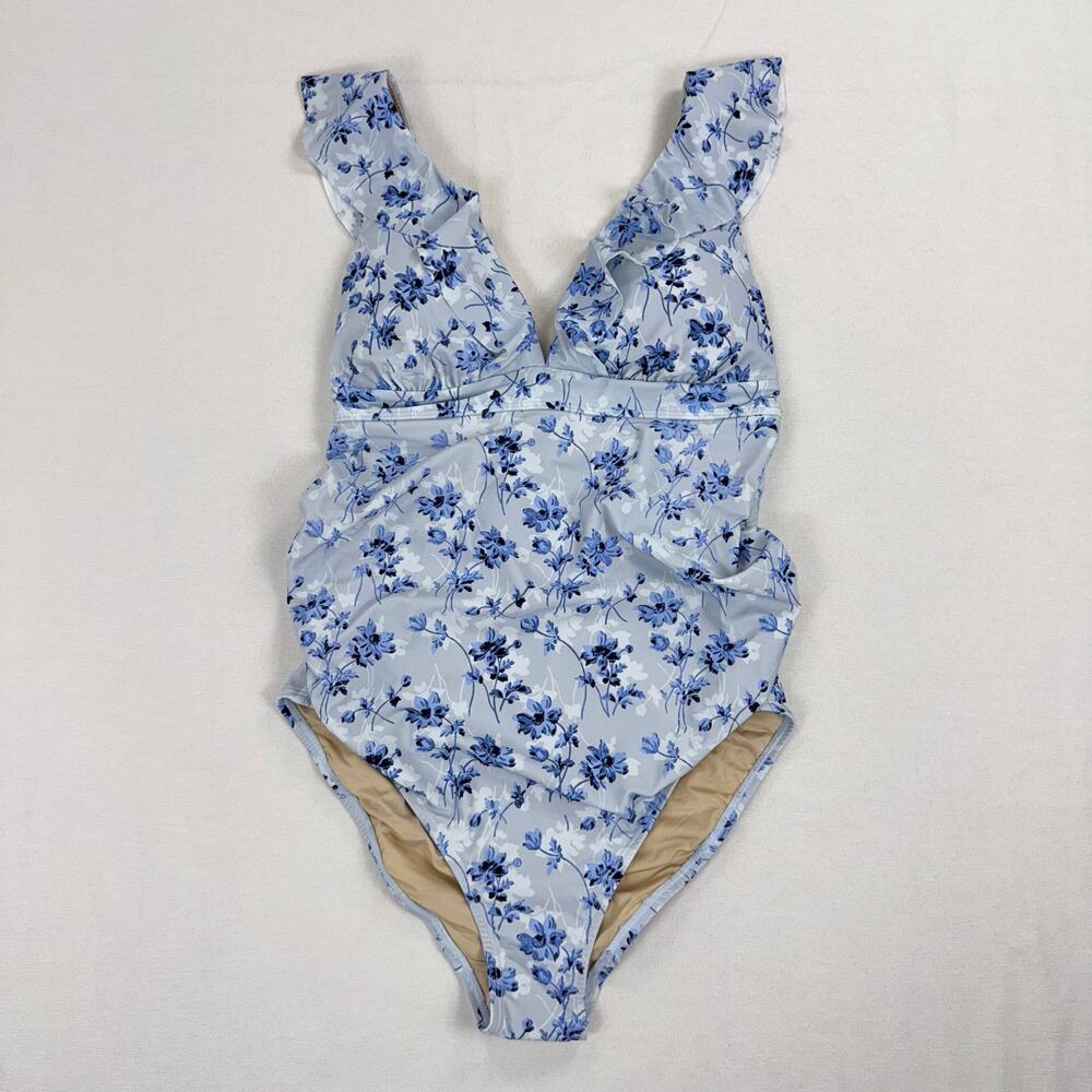 A Pea In The Pod Maternity Ruffle Floral One Piece Swimsuit Women's XS Blue